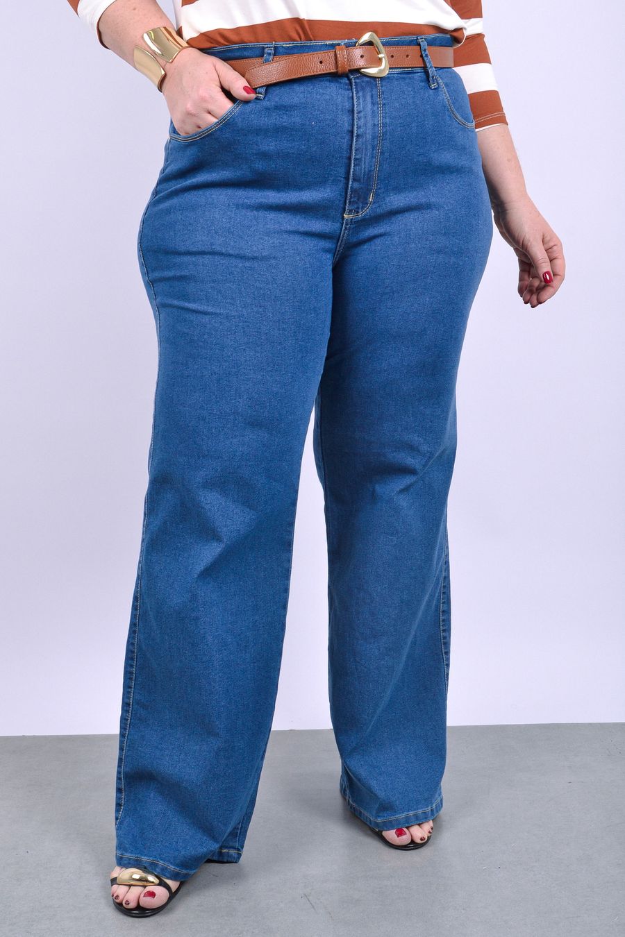 Calça wide leg feminina jeans elastano jeans blue