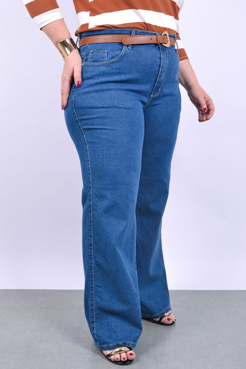 Calça wide leg feminina jeans elastano jeans blue