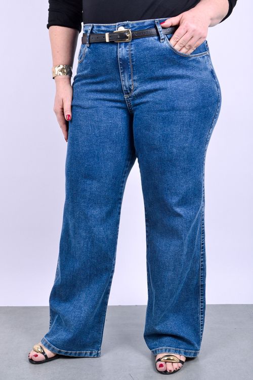 Calça wide leg feminina jeans elastano azul