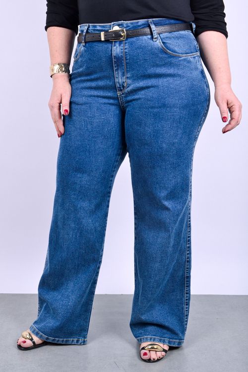 Calça wide leg feminina jeans elastano azul