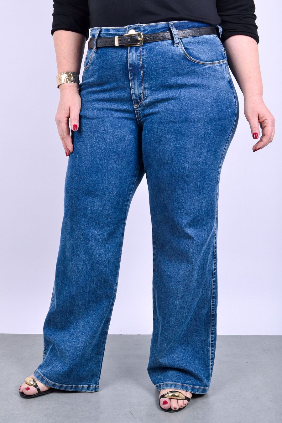 Calça wide leg feminina jeans elastano azul