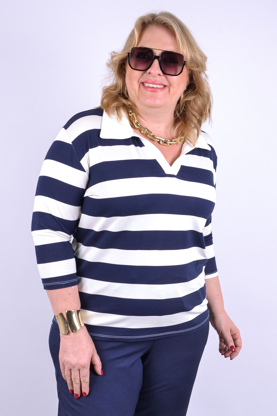 Polo com manga feminina listrada azul marinho