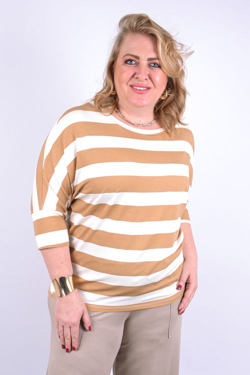 Blusa feminina listrada com manga bege