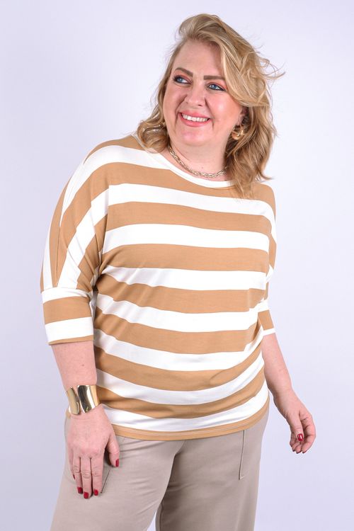 Blusa feminina listrada com manga bege