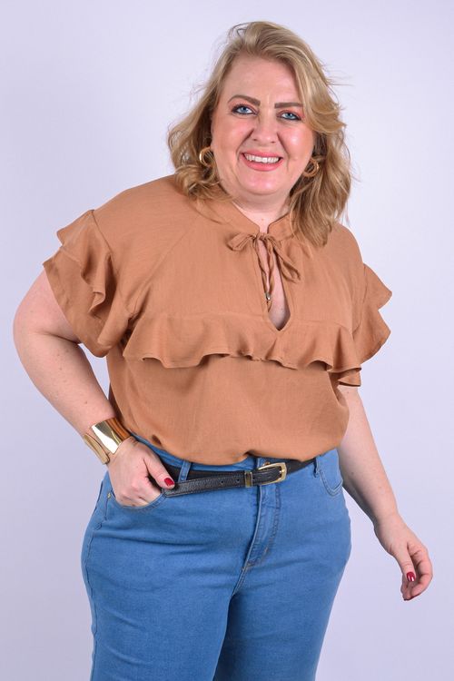 Blusa babados  feminina viscose lisa caramelo