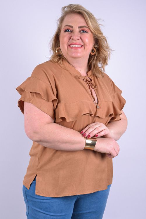 Blusa babados  feminina viscose lisa caramelo