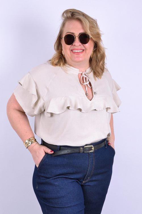 Blusa babados  feminina viscose lisa bege
