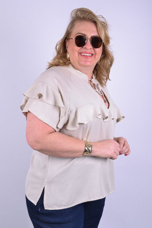 Blusa babados  feminina viscose lisa bege