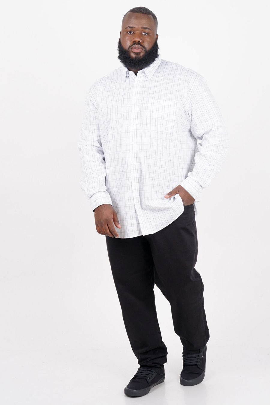 Camisa de tricoline xadrez manga longa plus size branco