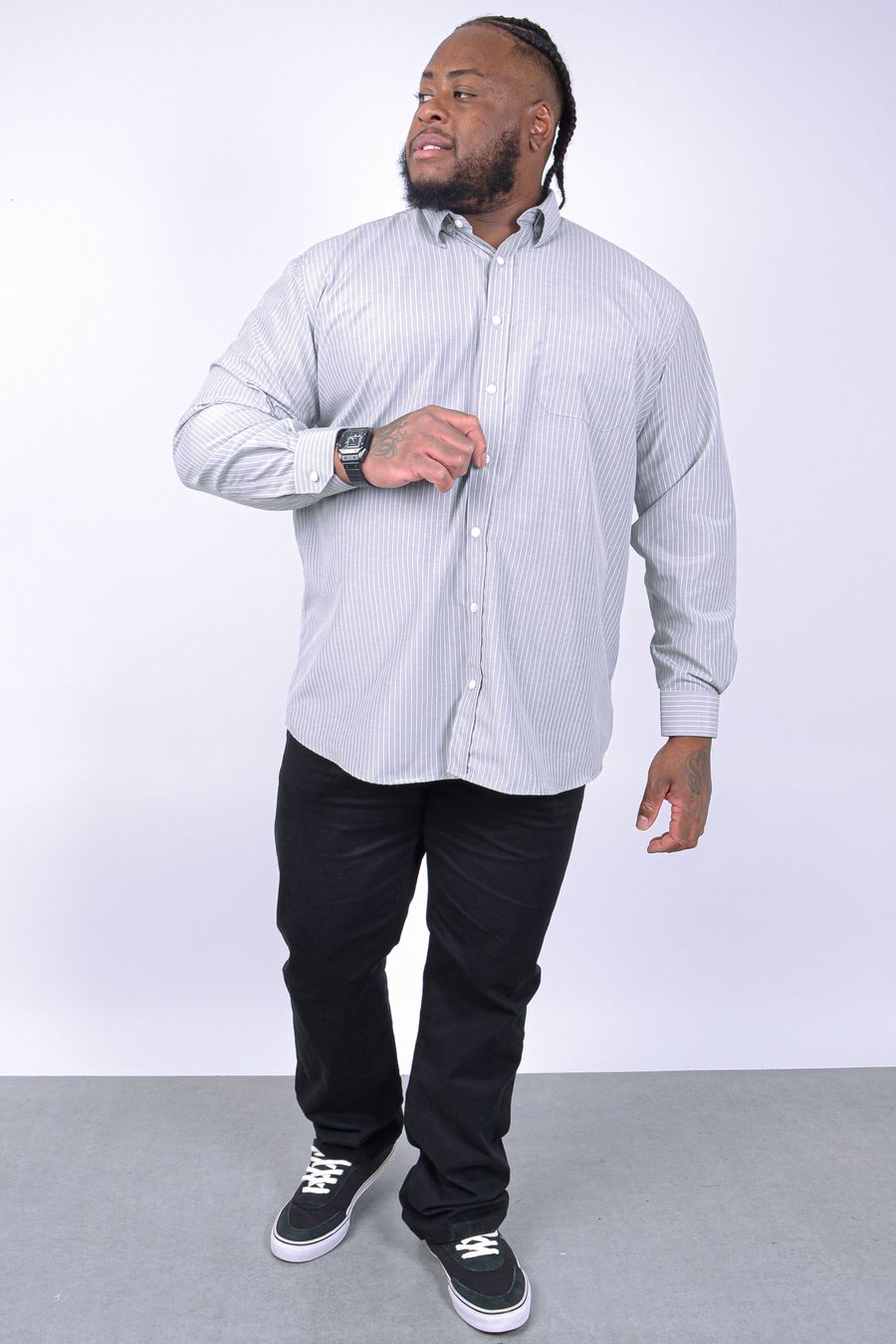 Camisa manga longa masculina tricoline listras fio tinto cinza