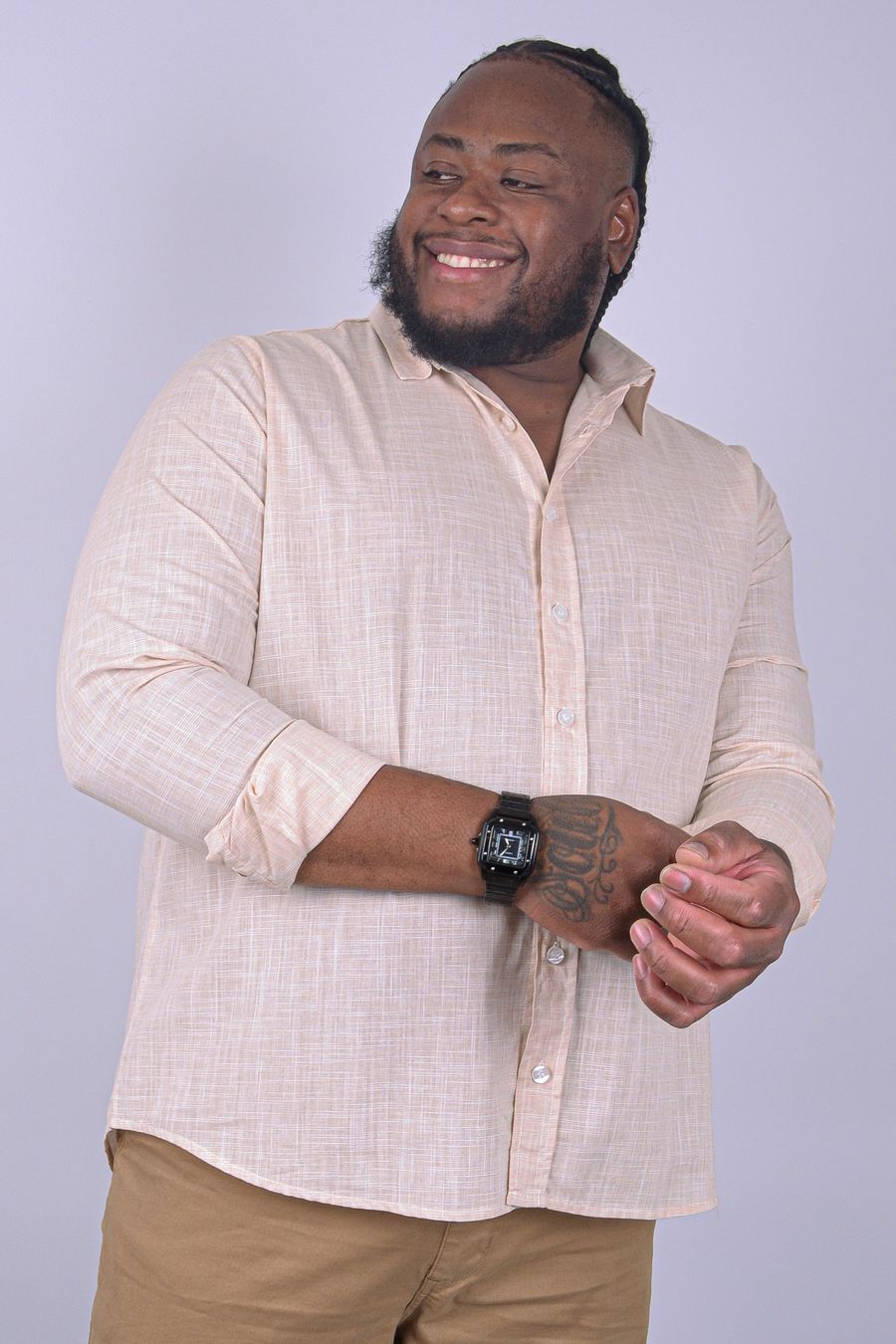 Camisa manga longa chambray plus size bege