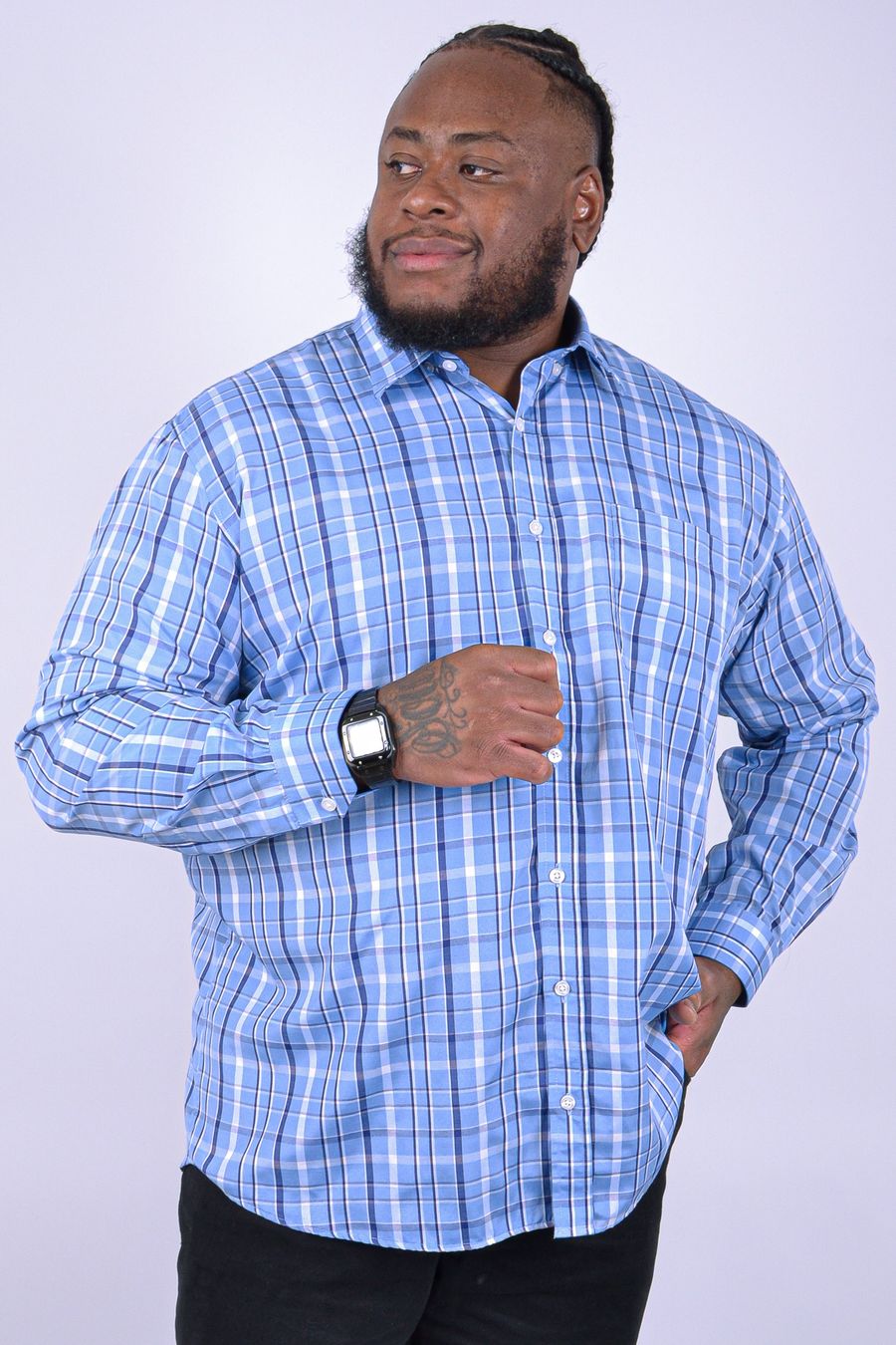 Camisa masculina manha longa xadrez fio tinto azul cobalto