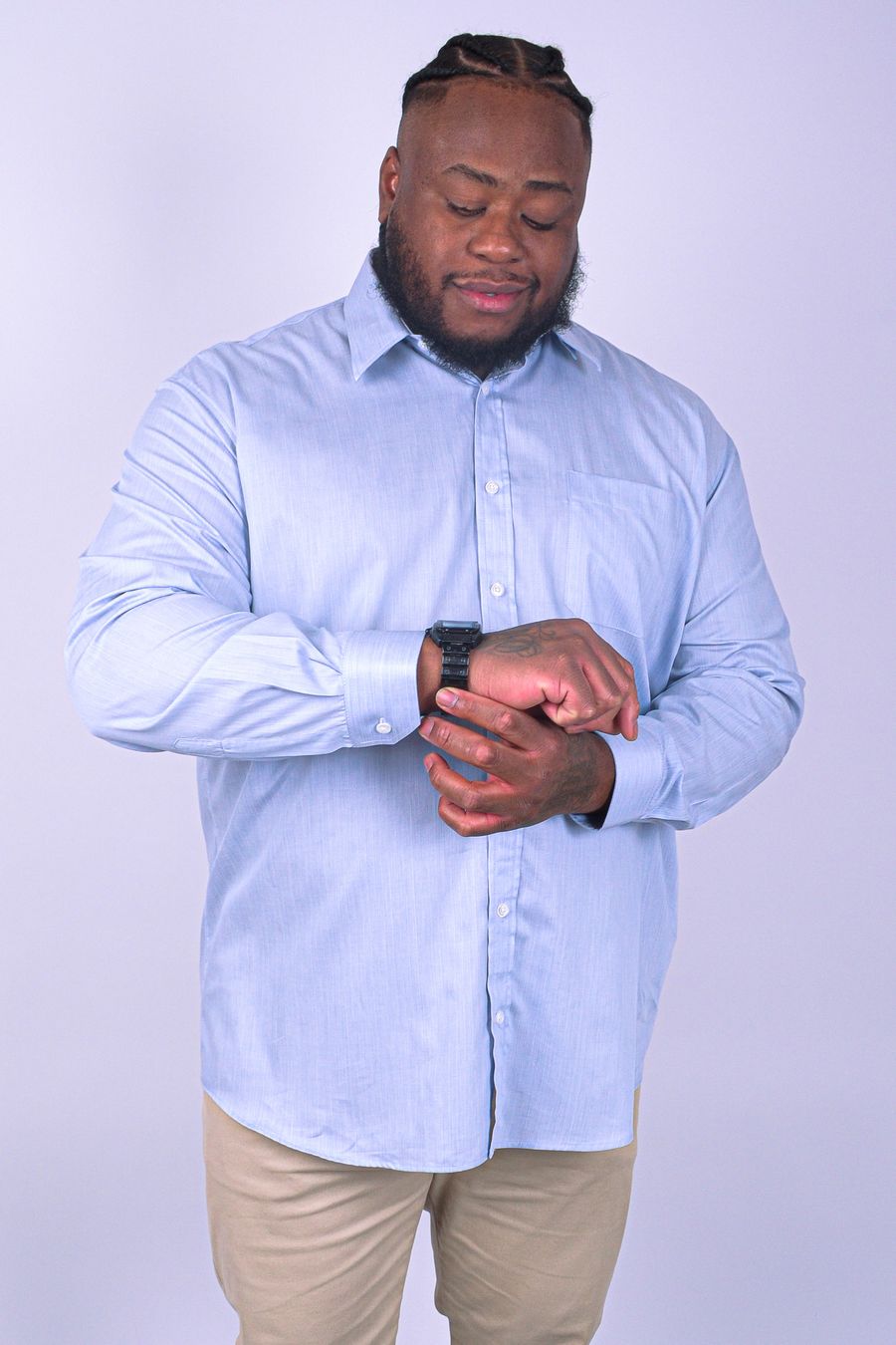 Camisa manga longa masculina tricoline listrado maquinetado azul