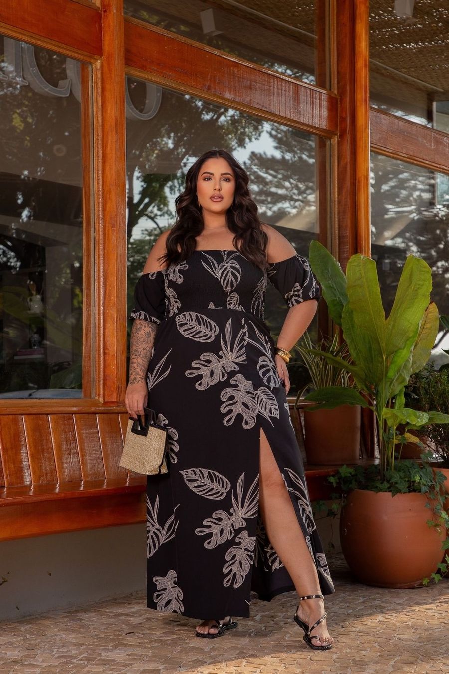 Vestido Longo Lastex Ciganinha Fenda Frontal Plus Size PRETO