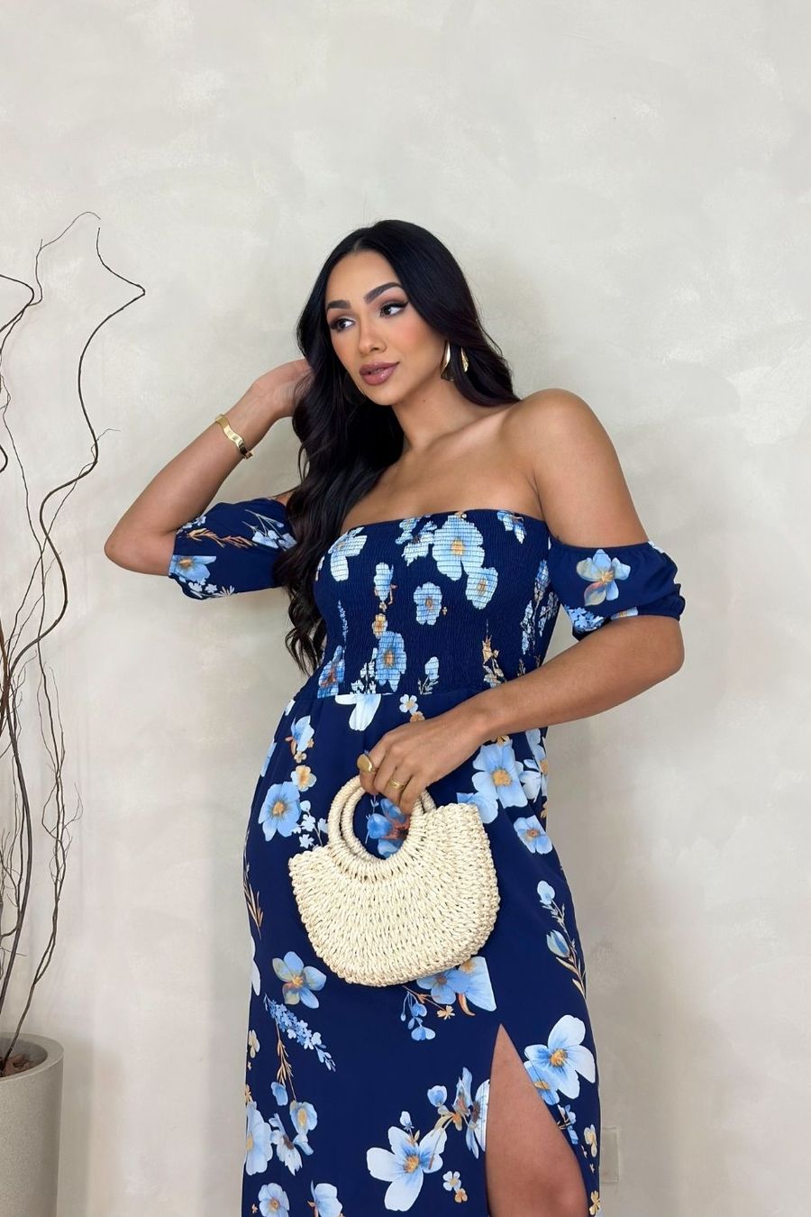 Vestido Longo Lastex Ciganinha Fenda Frontal Plus Size AZUL