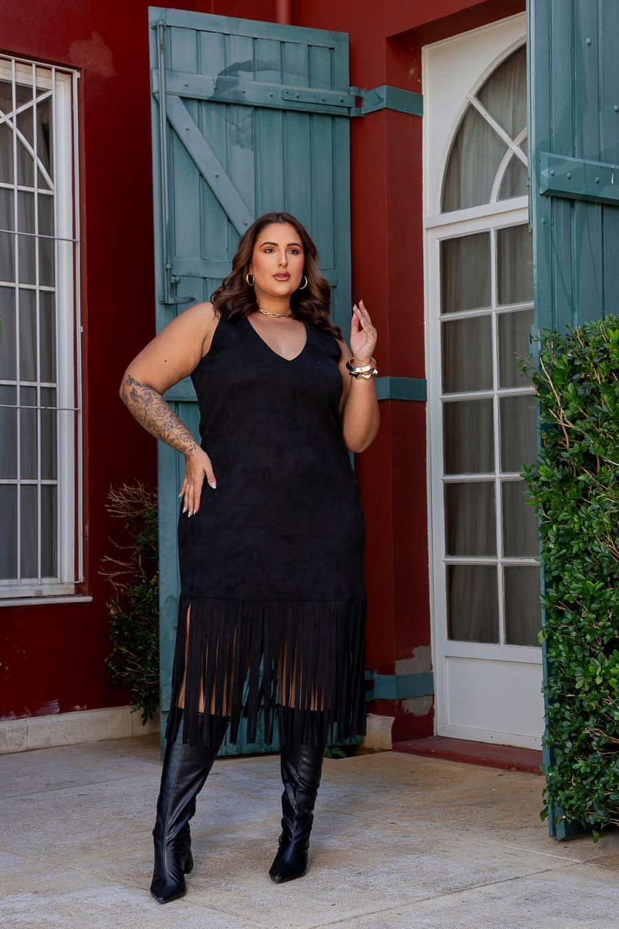 Vestido Regata Midi Suede Franja Na Barra Plus Size PRETO