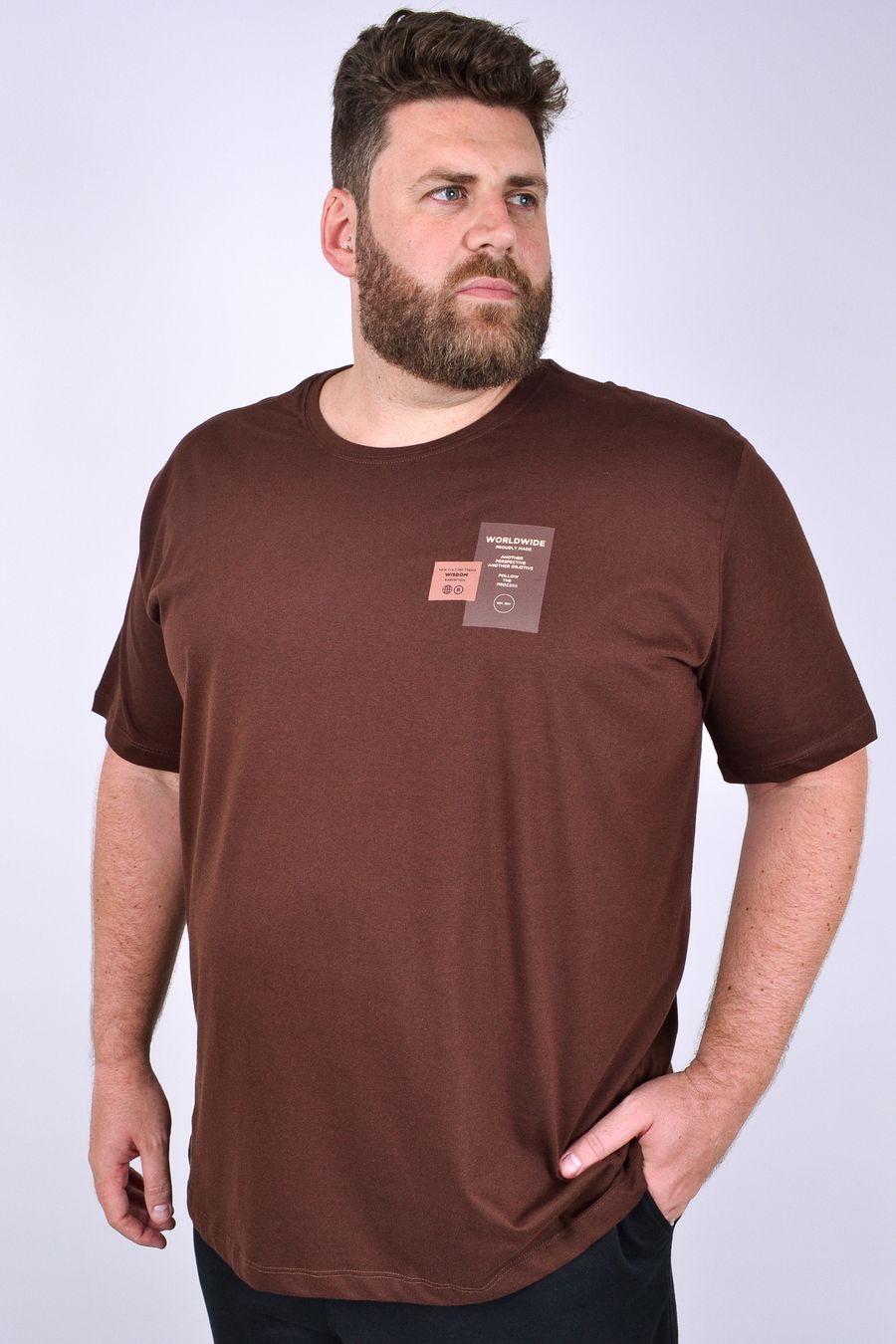 Camiseta masculina meia malha manga curta com estampa "geometrica" marrom