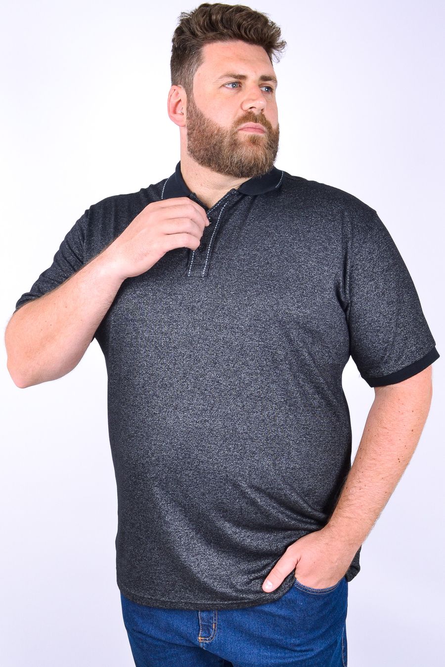 Polo masculina manga curta em malha mesclada  preto