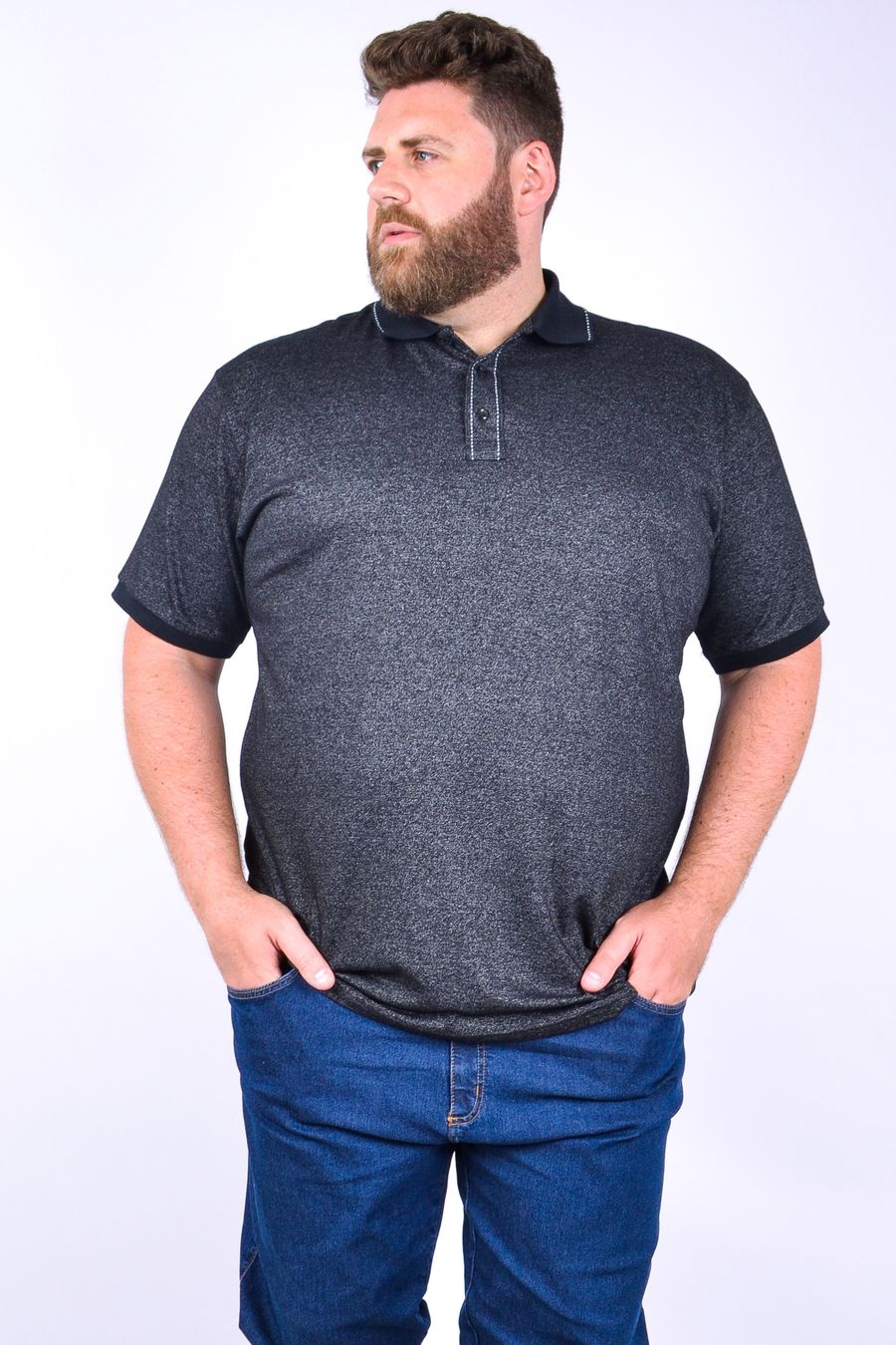 Polo masculina manga curta em malha mesclada  preto