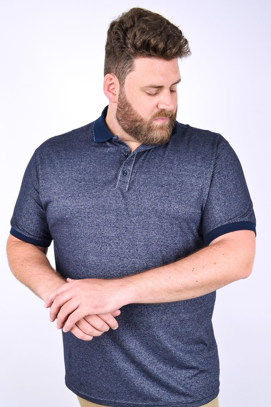 Polo masculina manga curta em malha mesclada  azul marinho