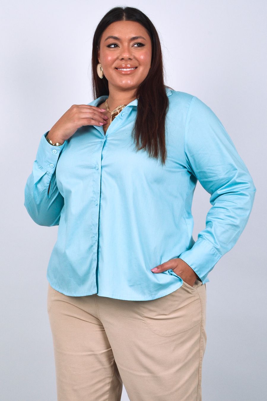 Camisa manga longa feminina tricoline elastano azul
