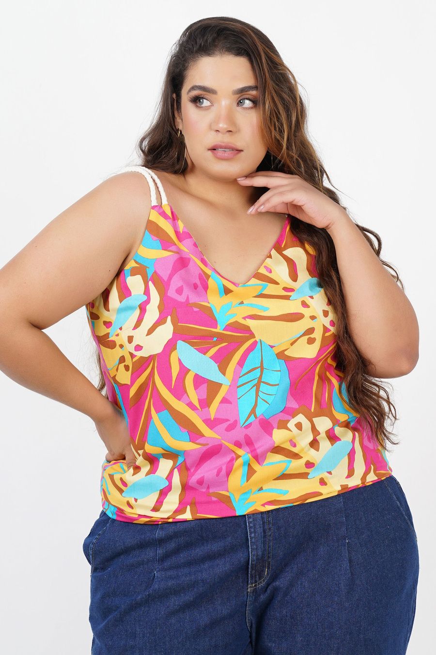 Regata estampada com alça de corda plus size rosa