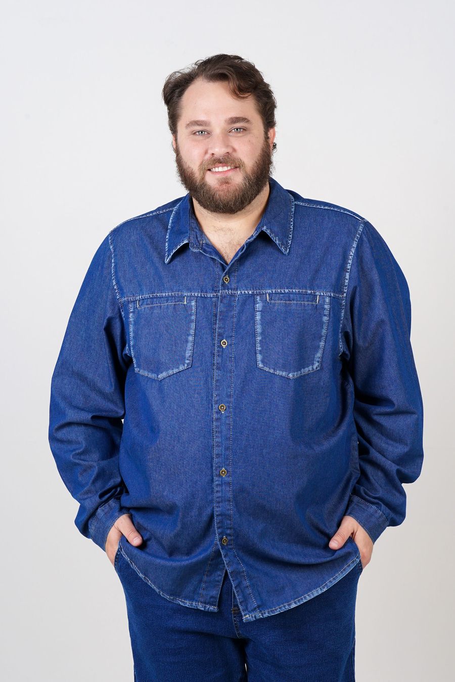 Camisa jeans manga longa plus size jeans blue