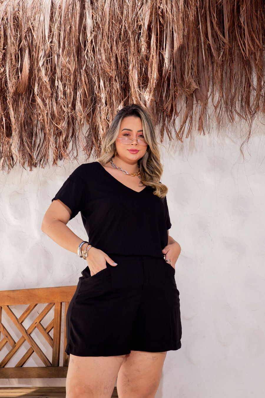 Shorts Maya Viscose Nervuras Plus Size PRETO