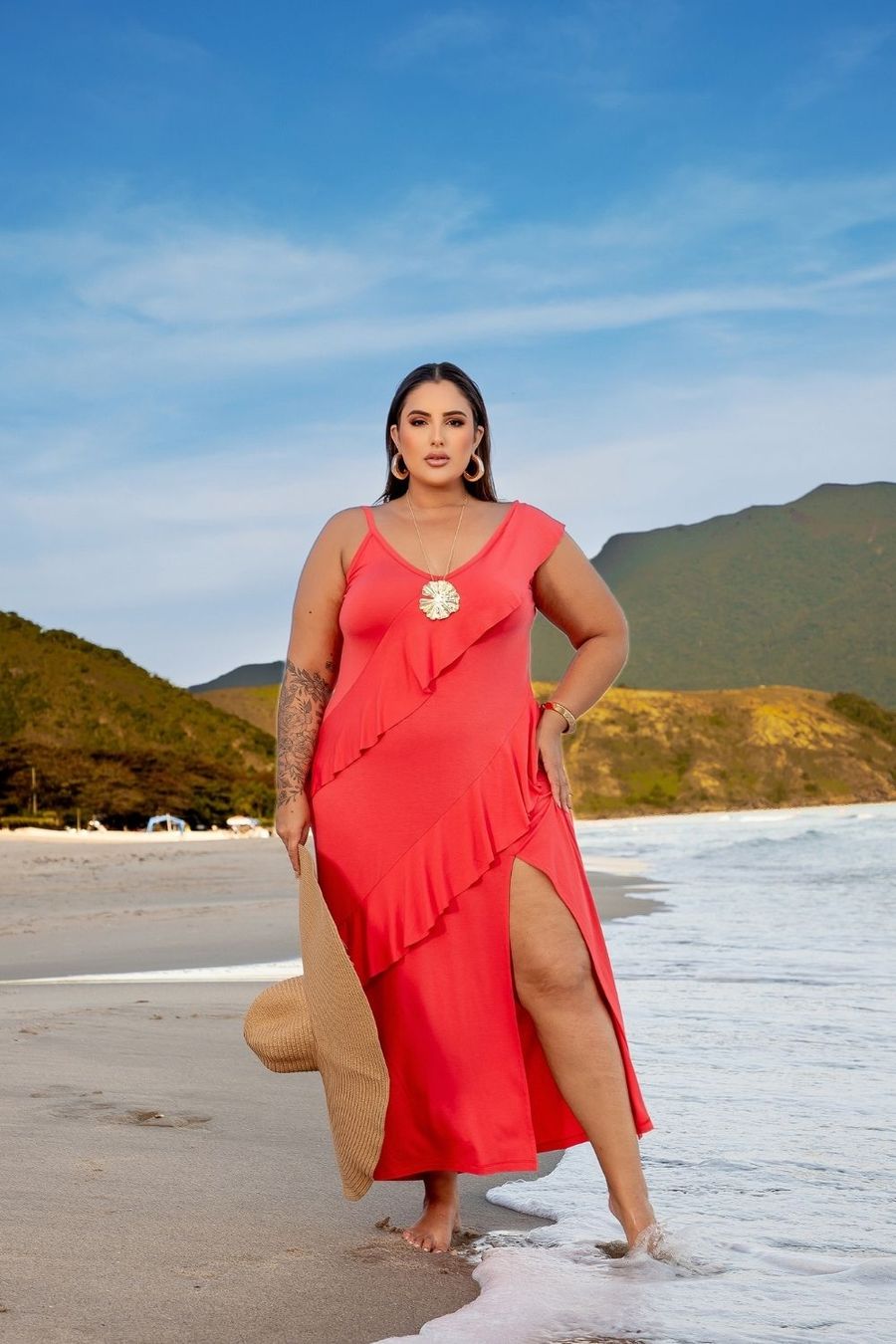 Vestido Longo Malha Babado Plus Size CORAL