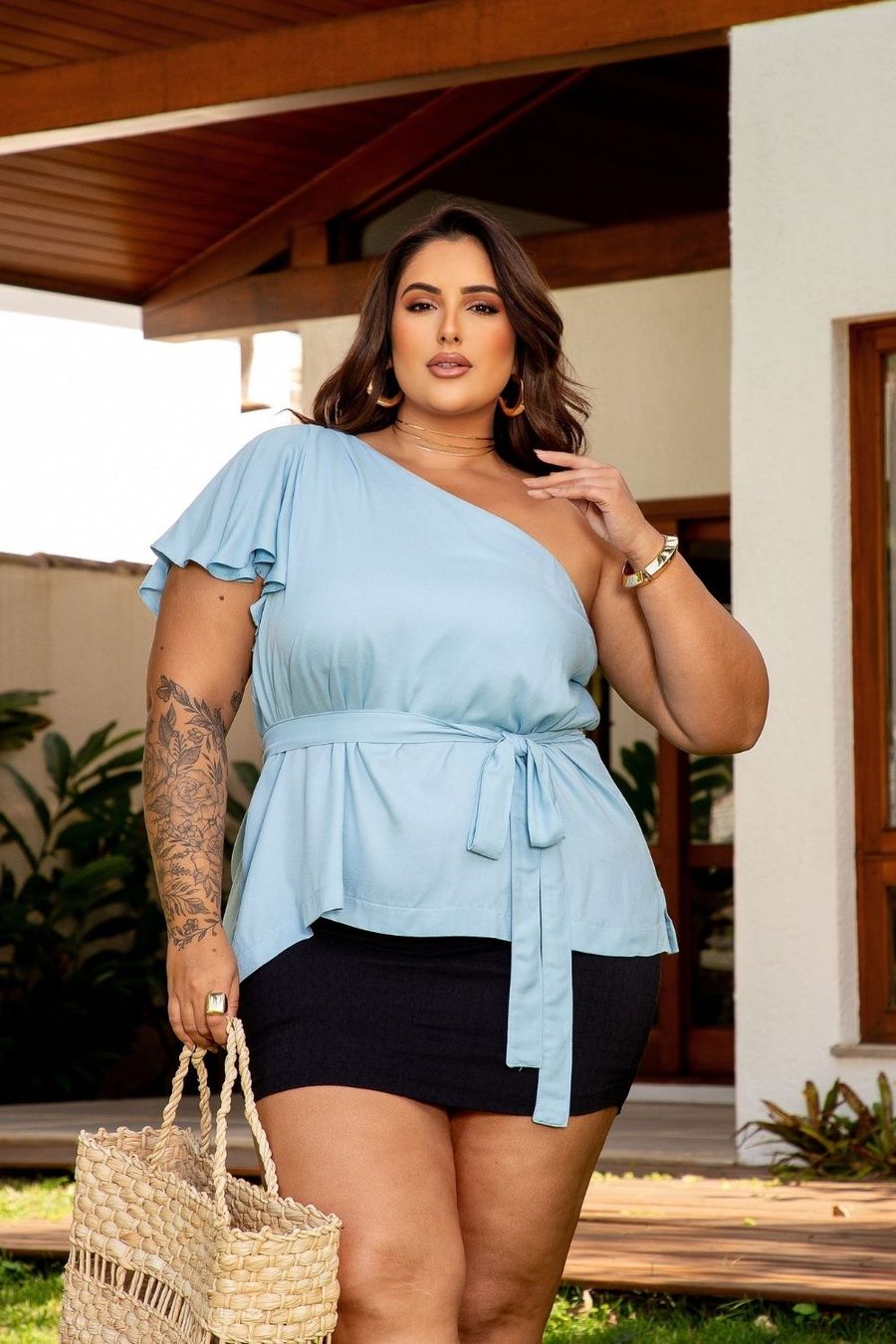 Blusa Nula Manga Com Cinto Plus Size AZUL