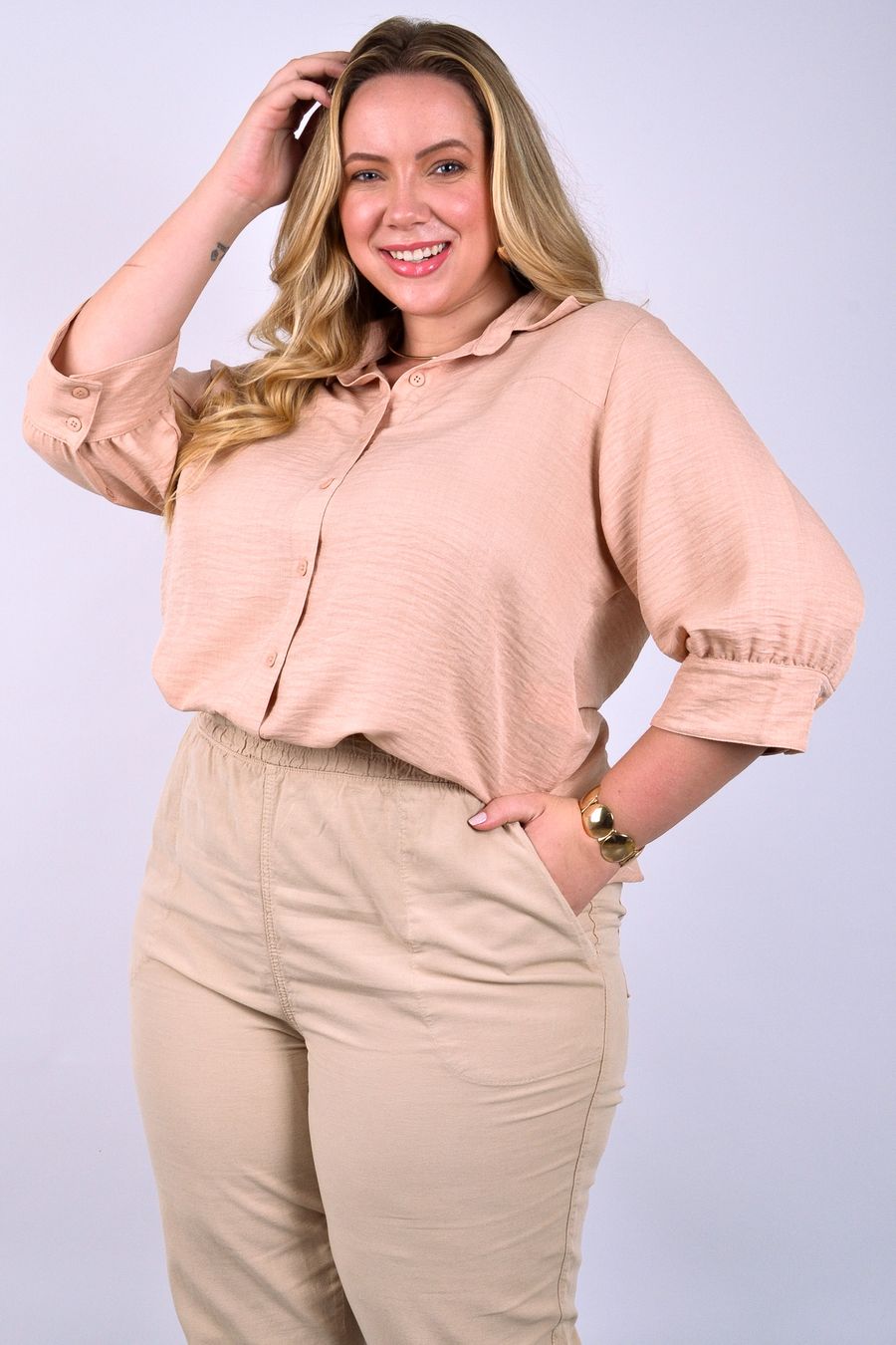 Camisa feminina lisa com manga 3/4 rosa