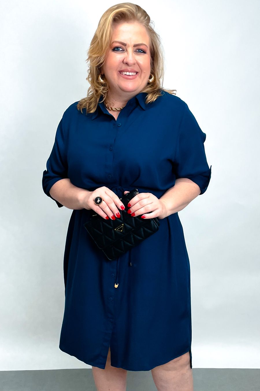 Vestido camisa feminino em viscose  azul marinho