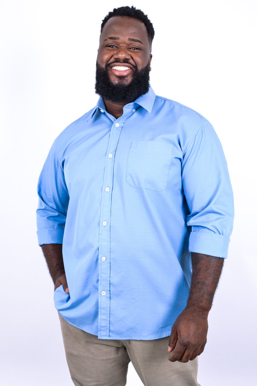 Camisa masculina manga longa maquinetada fio tinto azul