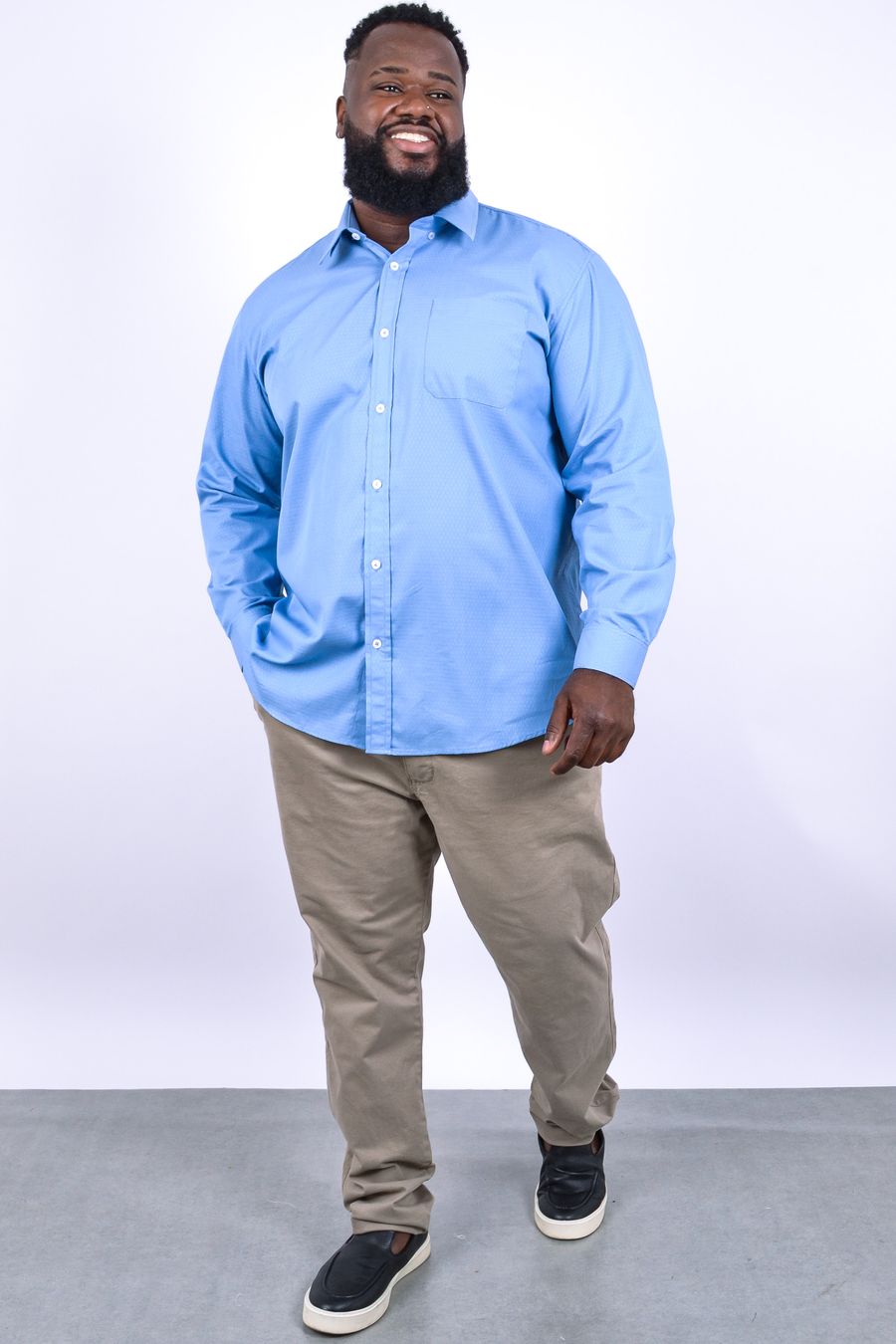 Camisa masculina manga longa maquinetada fio tinto azul