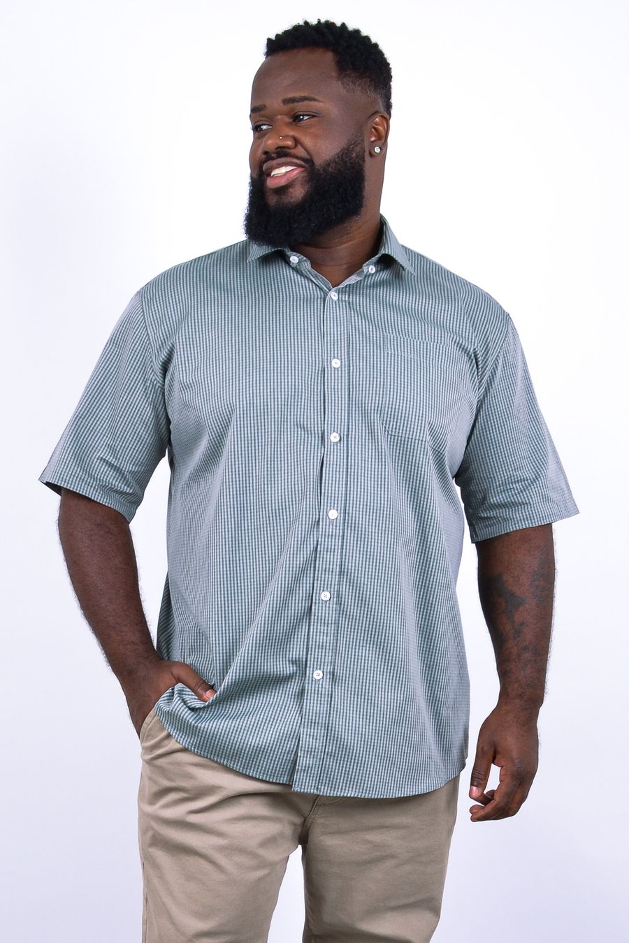 Camisa masculina manga curta xadrez fio tinto cinza