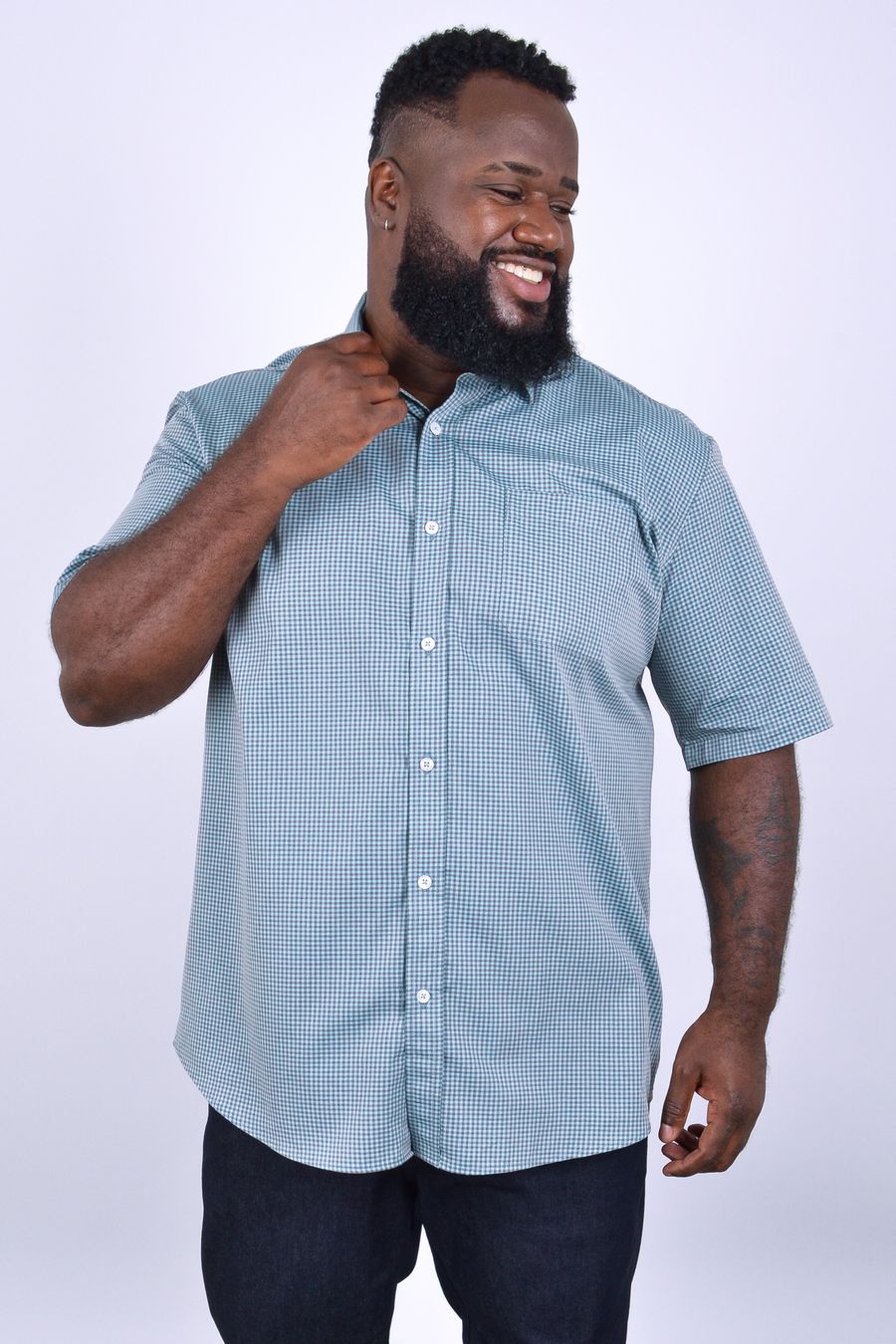 Camisa masculina manga curta xadrez fio tinto azul petroleo