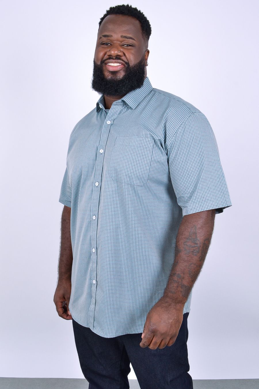 Camisa masculina manga curta xadrez fio tinto azul petroleo