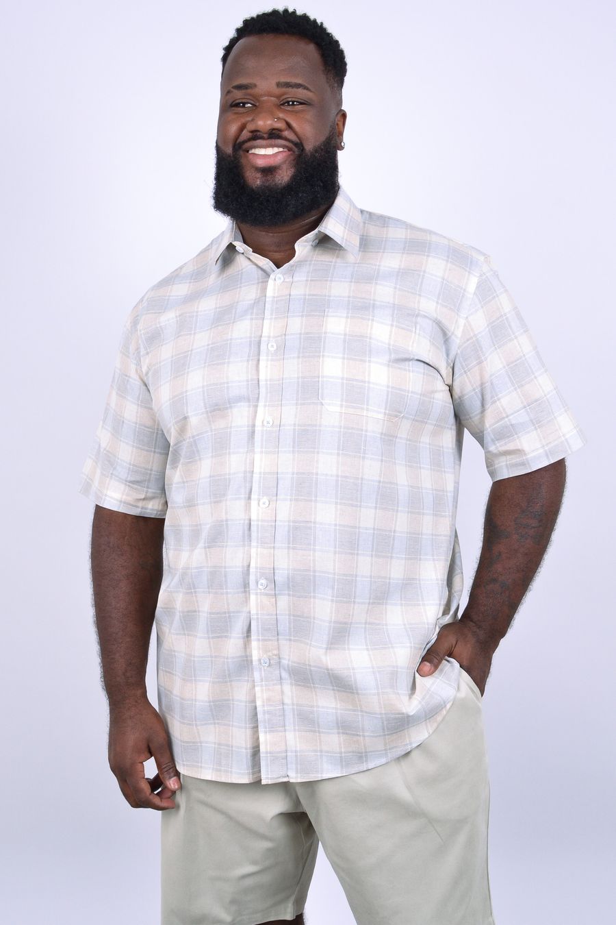 Camisa masculina manga curta xadrez em linho azul