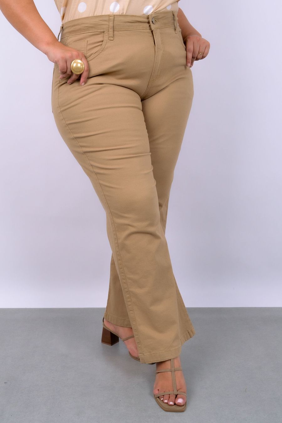 Calça wide leg feminina sarja elastano bege