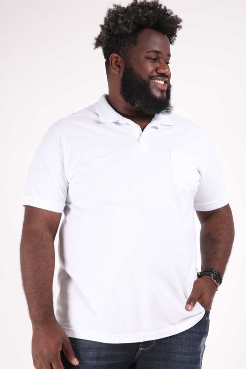 Camisa polo lisa básica com bolso plus size branco