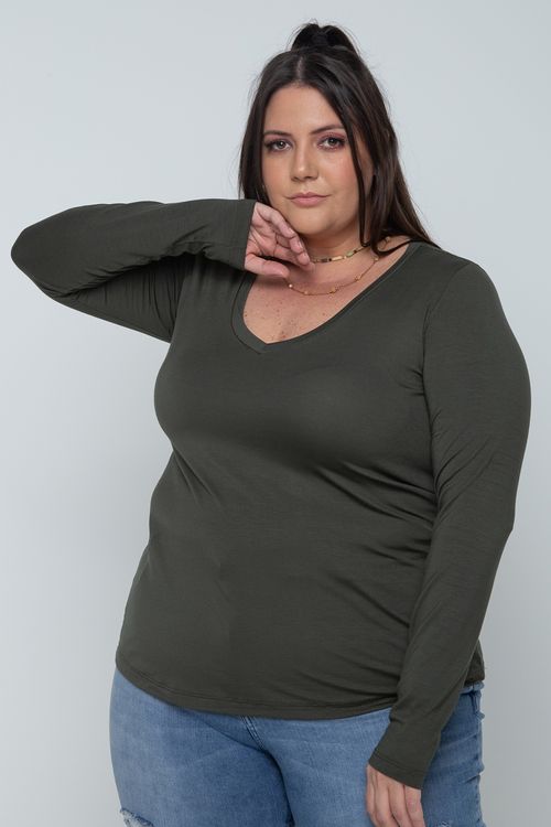 Blusa manga longa básica decote v plus size verde militar