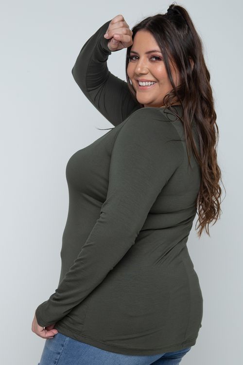 Blusa manga longa básica decote v plus size verde militar