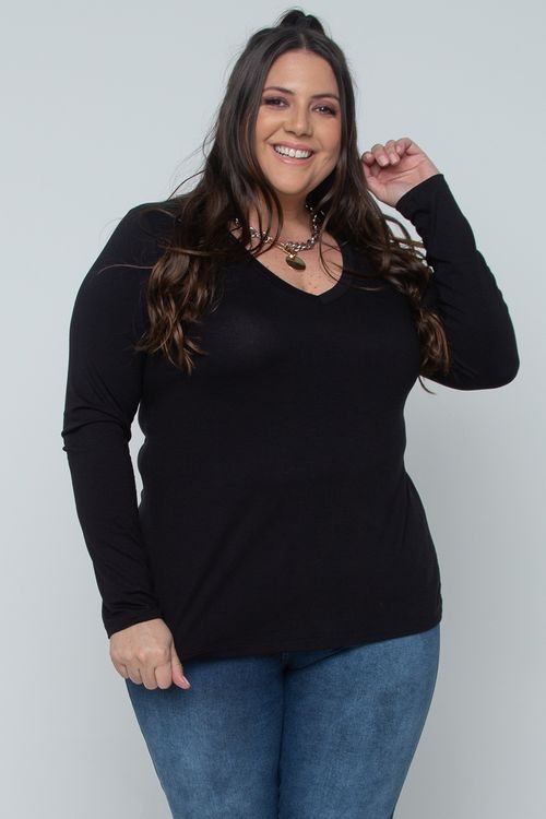 Blusa manga longa básica decote v plus size preto