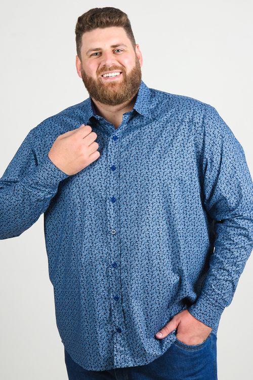 Camisa estampa de flores manga longa plus size azul